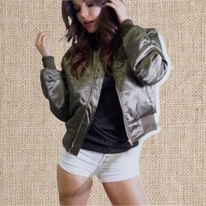 Satin Green Puffy Bomber Jacket